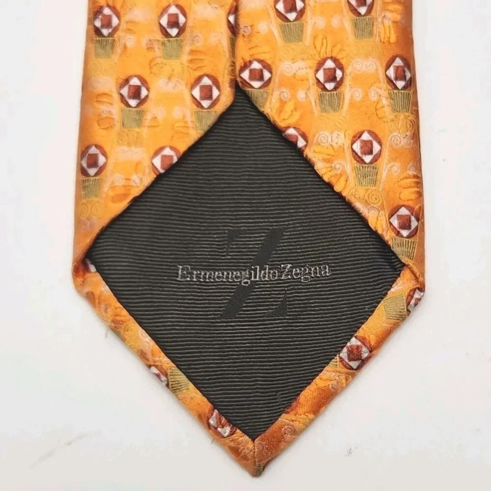 Ermenegildo Zegna Tie Necktie 100% Silk Orange Geometric Print Italy